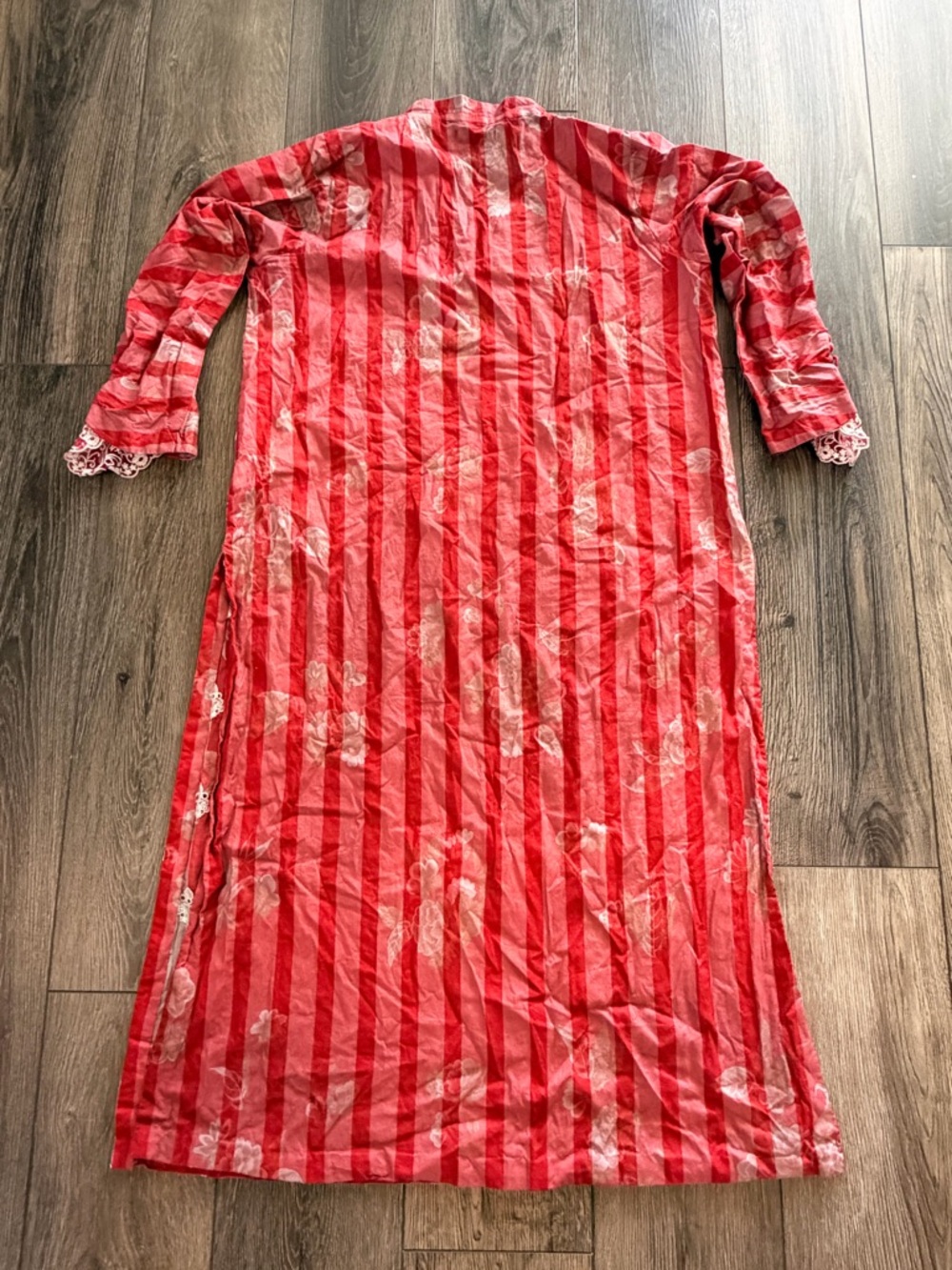 Baroque Embroidered Striped Cotton Kurta Tunic Dress Red White Size Large Boho - Picture 6 of 13